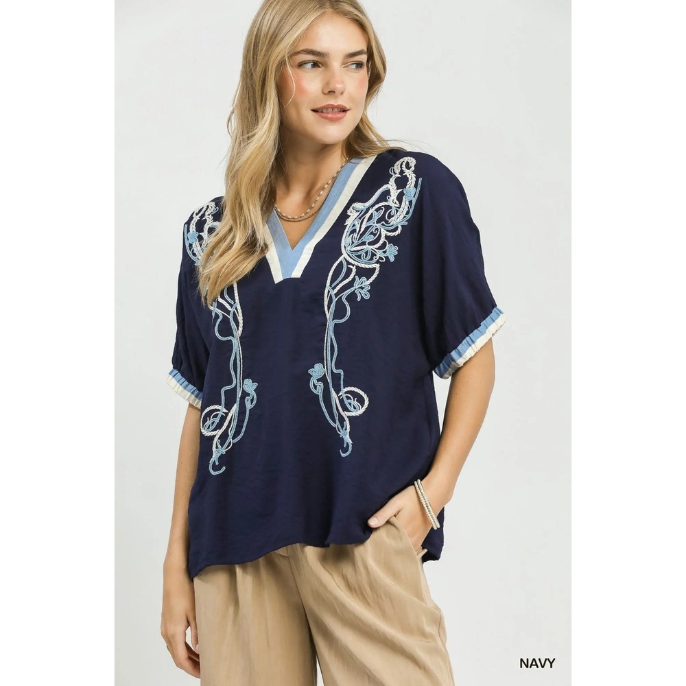 Umgee Embroidered Floral V-Neck Short Sleeve Blouse with Contrast Trim - Medium
